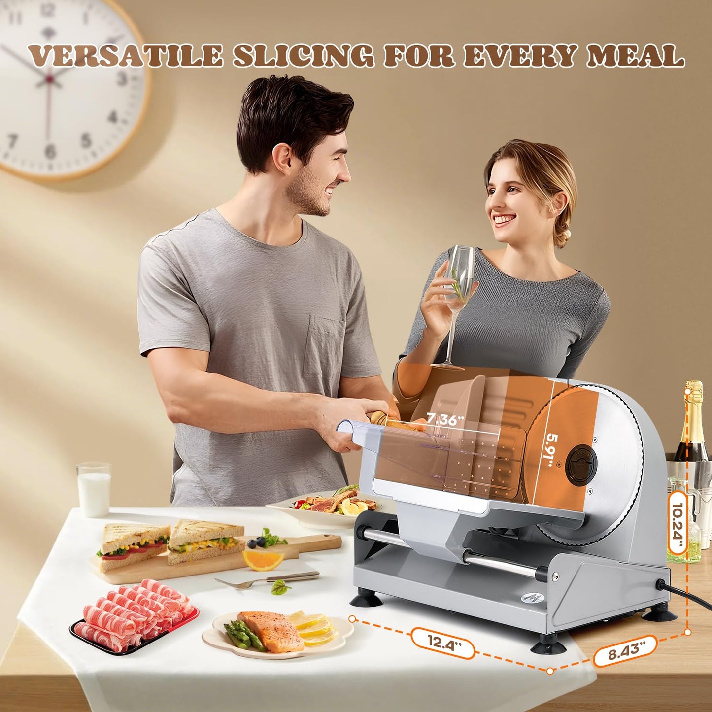 Moongiantgo Electric Meat Slicer 200W With 2 Removable 7.5’’ Stainless Steel Blades, 0-15MM Adjustable Thickness for Home Use, Child Lock Protection, Meat Cheese Bread Deli Food Slicer Machine, 110V