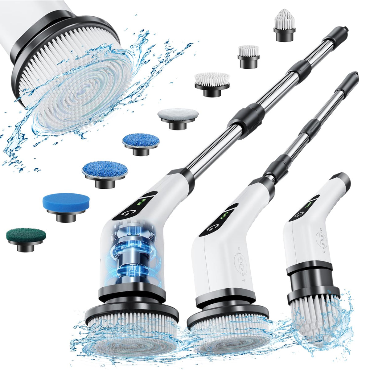 Leebein Electric Spin Scrubber, Cordless Cleaning Brush with 8 Replaceable Brush Heads, Tub and Floor Tile 360 Power Scrubber Dual Speed with Adjustable & Detachable Handle for Bathroom Kitchen Car