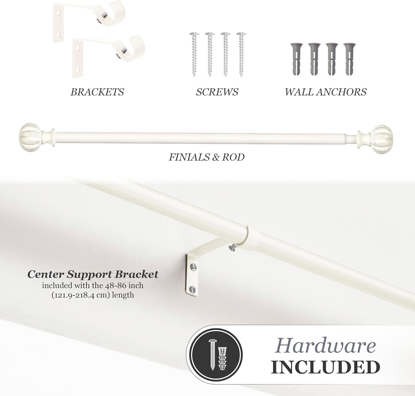 Kenney Rachel Fluted Ball Window Curtain Rod, Adjustable 28-48 Inch, Antique White
