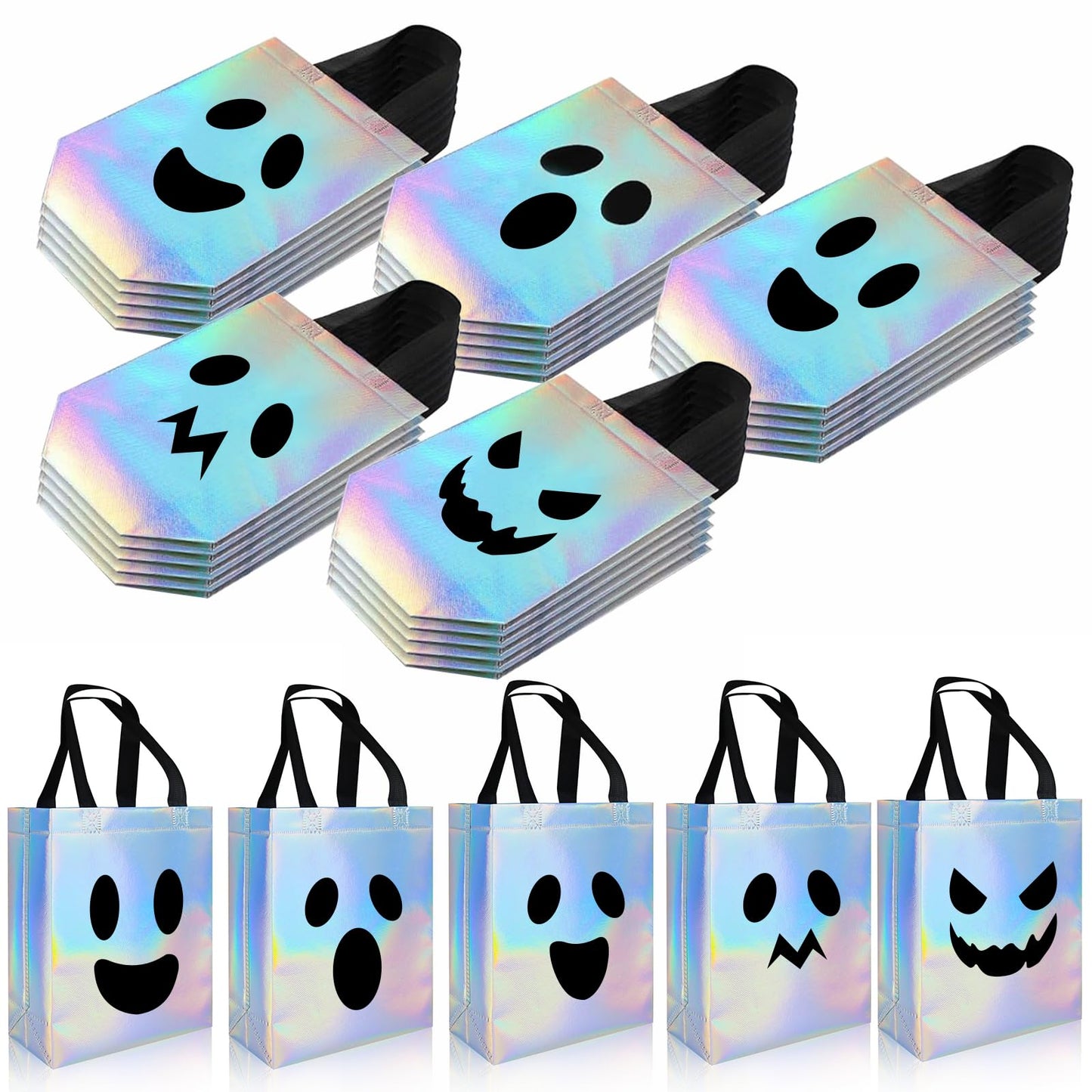 KAWZBYN 30 Pcs Halloween Ghost Gift Bags Iridescent Holographic Candy Goodie Bag Reusable Non woven Gift Bags for Girls Halloween Trick or Treat Party Supplies Favors, 8''x4''x10''
