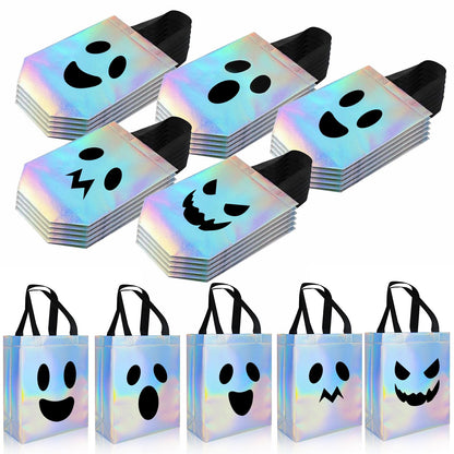 KAWZBYN 30 Pcs Halloween Ghost Gift Bags Iridescent Holographic Candy Goodie Bag Reusable Non woven Gift Bags for Girls Halloween Trick or Treat Party Supplies Favors, 8''x4''x10''
