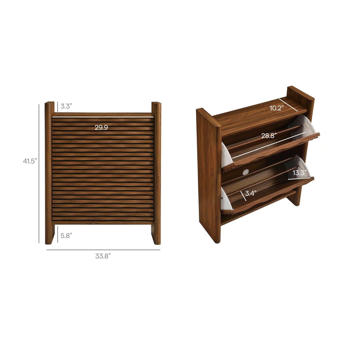 Modway Emric 35 Inch Wave Shoe Storage Cabinet in Walnut – Modern Slatted Front Shoe Rack Cabinet with 2 Flip Drawers for Entryway, Hallway, or Bedroom