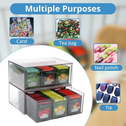 CLUQMEIK 2 Large Acrylic Tea Bag Organizer, 9 Grids Tea Organizers and Storage with Acrylic Drawers Stackable, Teabag Holder Organizer for Counter Countertop Kitchen Cabinet