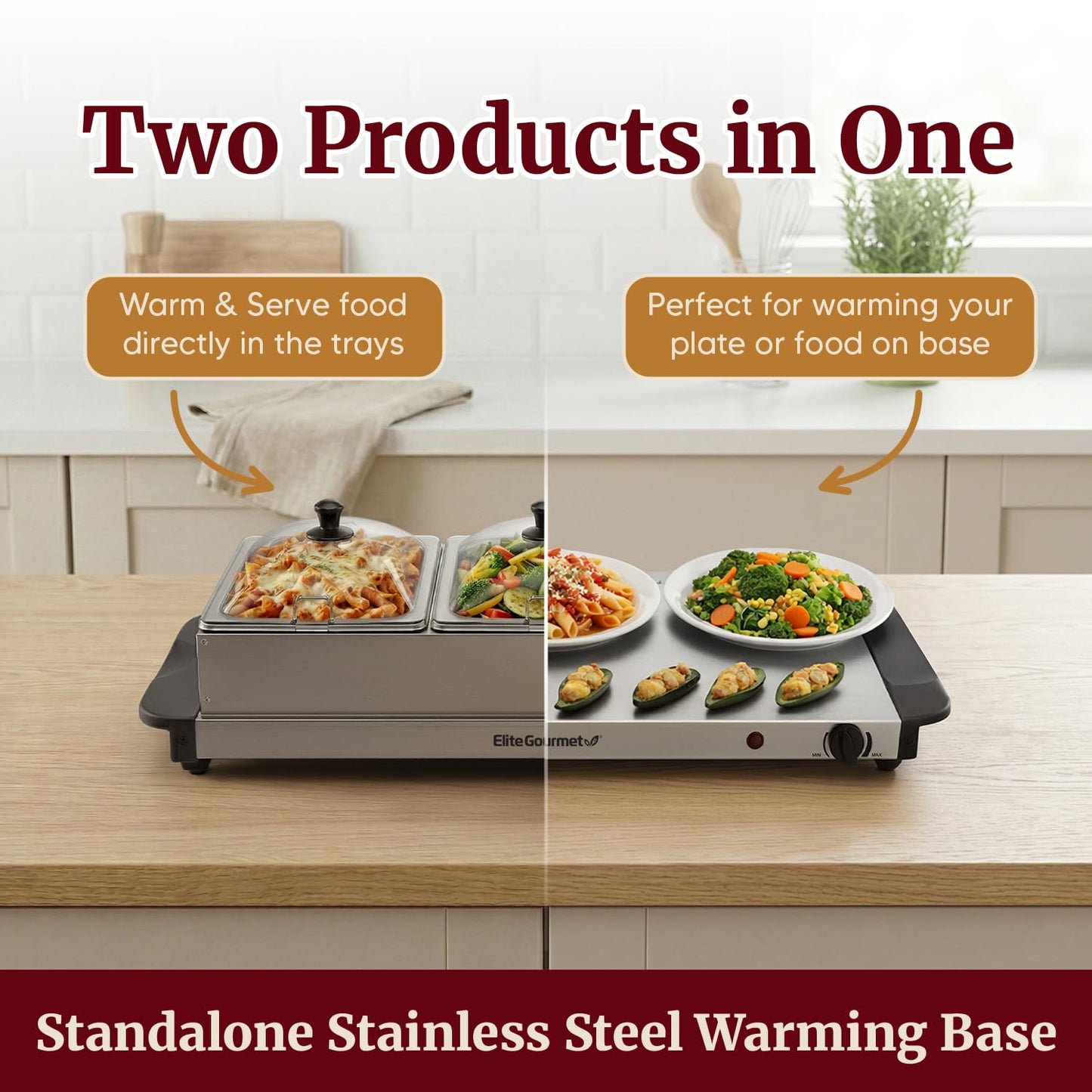 Elite Gourmet EWM-6171 Triple 3 x 2.5 Qt. Trays, Buffet Server, Food Warmer Temperature Control, Clear Slotted Lids, Perfect for Parties, Entertaining & Holidays, 7.5 Qt Total, Stainless Steel