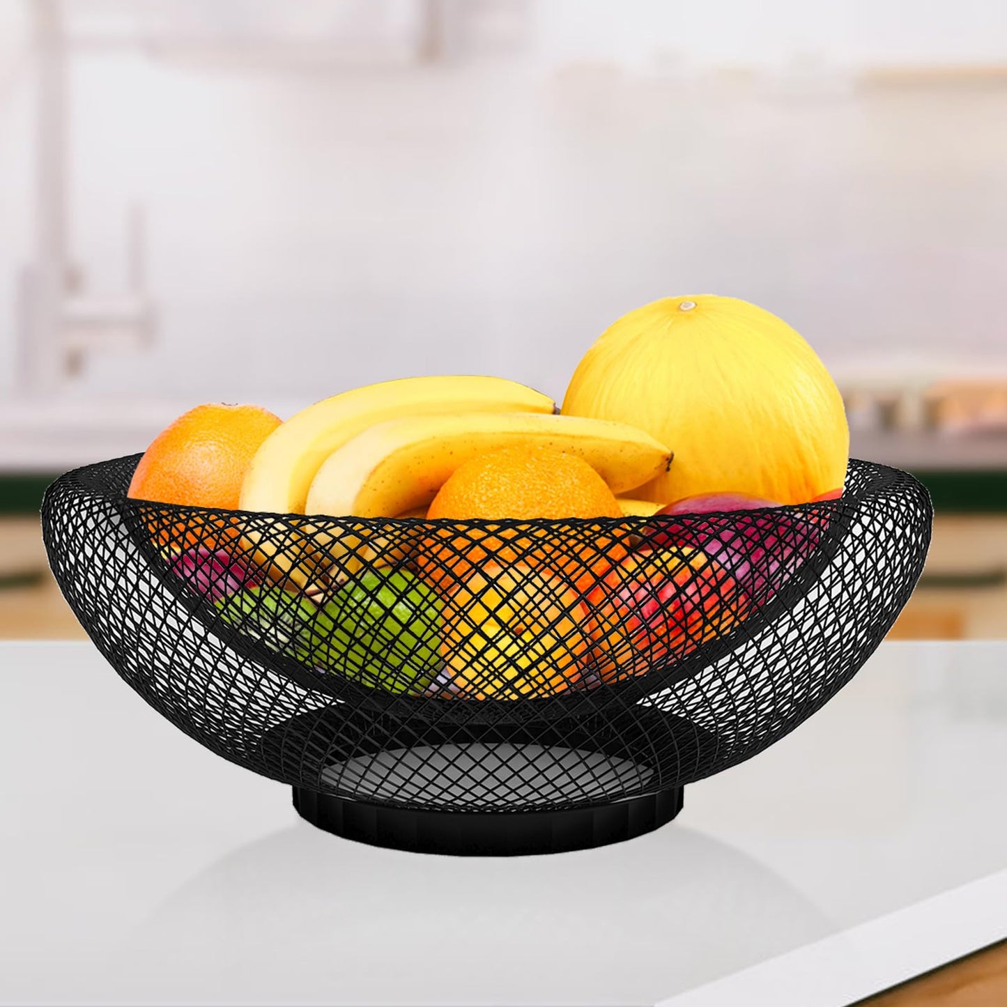ZIVONA Black Fruit Basket for Kitchen Counter - 9.8" Metal Mesh Fruit Bowl, Modern Decorative Centerpiece for Kitchen Island, 360° Airflow Keeps Produce Fresh, Versatile for Vegetables & Snacks