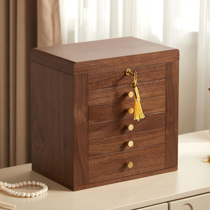 Homruilink Black Walnut Wooden Jewelry Box, Wood Jewelry Organizer with 2 Side Doors Mirror Lockable Classical Style for Watch Necklace Ring Earring Storage, Ideal Gift-6 Layer