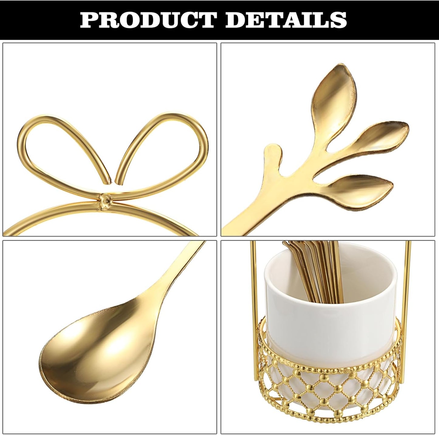 ELLDOO Coffee Spoon Set, 8 Stainless Steel Gold Leaf Coffee Spoons with White Ceramic Holder