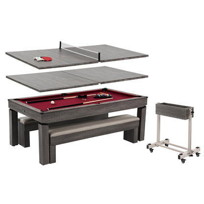 Barrington Billiards Prescott 7' Pool Table, 3-in-1 Dining Top & Table Tennis with Game Accessories & Rolling Storage Caddy