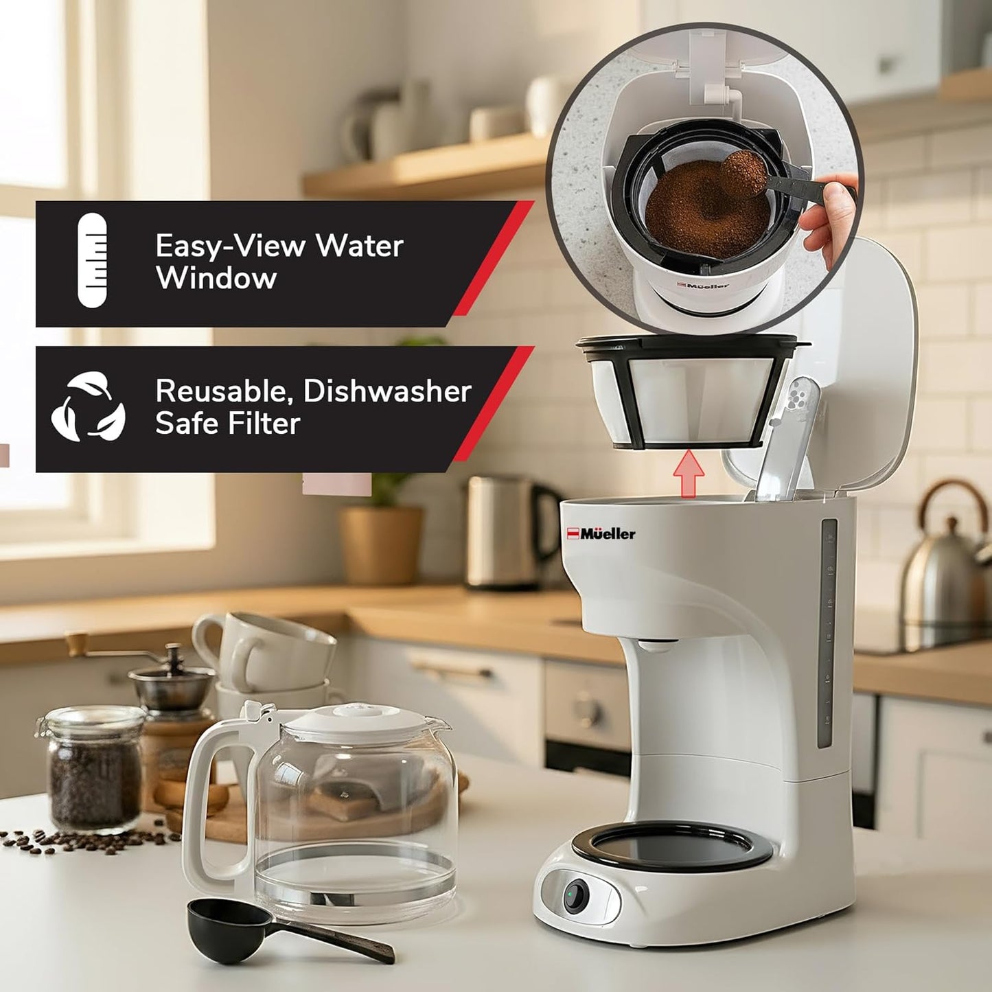 12-Cup MUELLER HOME White Coffee Maker - Borosilicate Carafe, Auto-Off, Reusable Filter, Anti-Drip, Keep-Warm Function