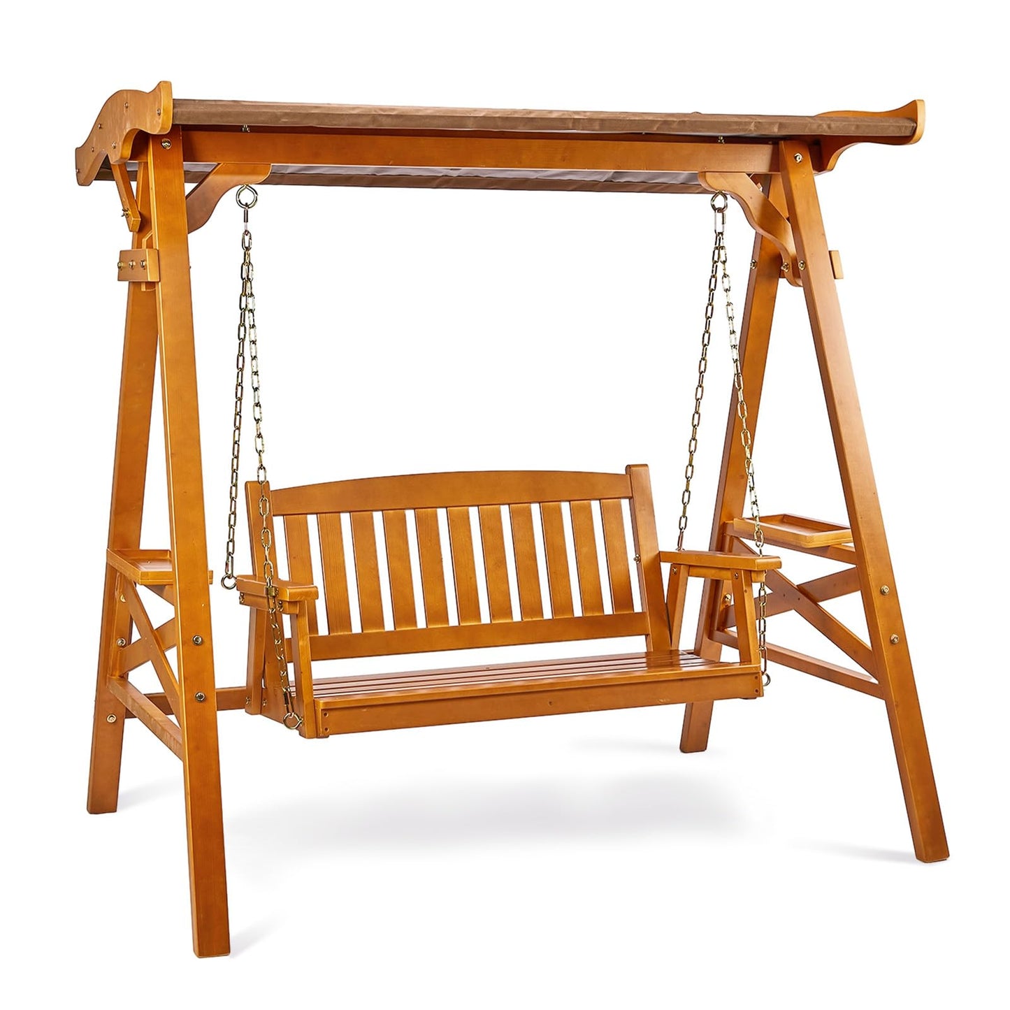 VINGLI Porch Swing with Stand, Porch Swing with Canopy, Waterproof Patio Swing with Cup Holder, Outdoor Swing Set for Garden, Yard, Patio, Teak