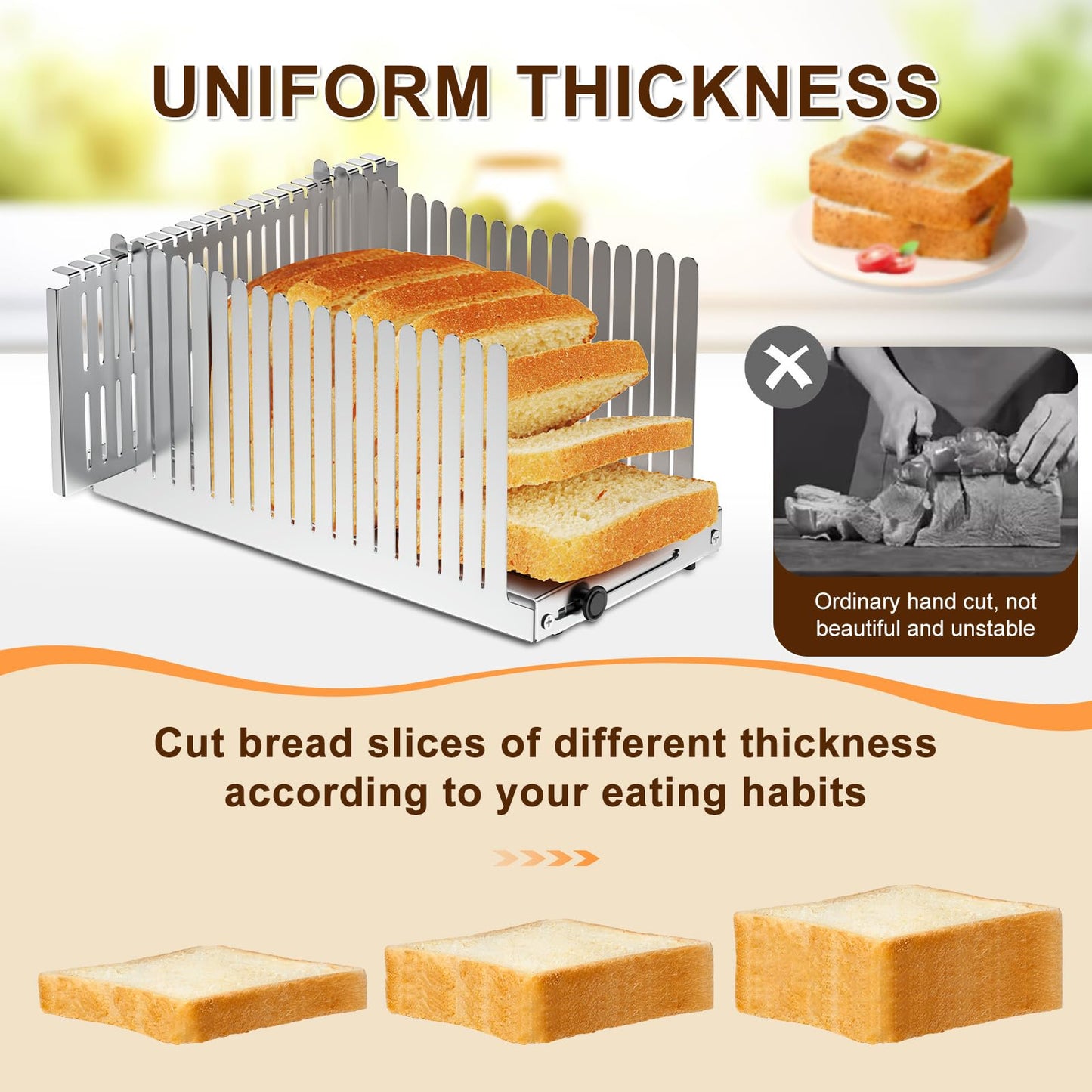 MOBBYKO Stainless steel Bread Slicer for Homemade Bread,Adjustable Width,Foldable Compact,Bread Slicing Guide,Bread Loaf Slicer,for Cakes,Bagels,slice is 0.5",Bread width: 5.5"-8.3"(Silvers)