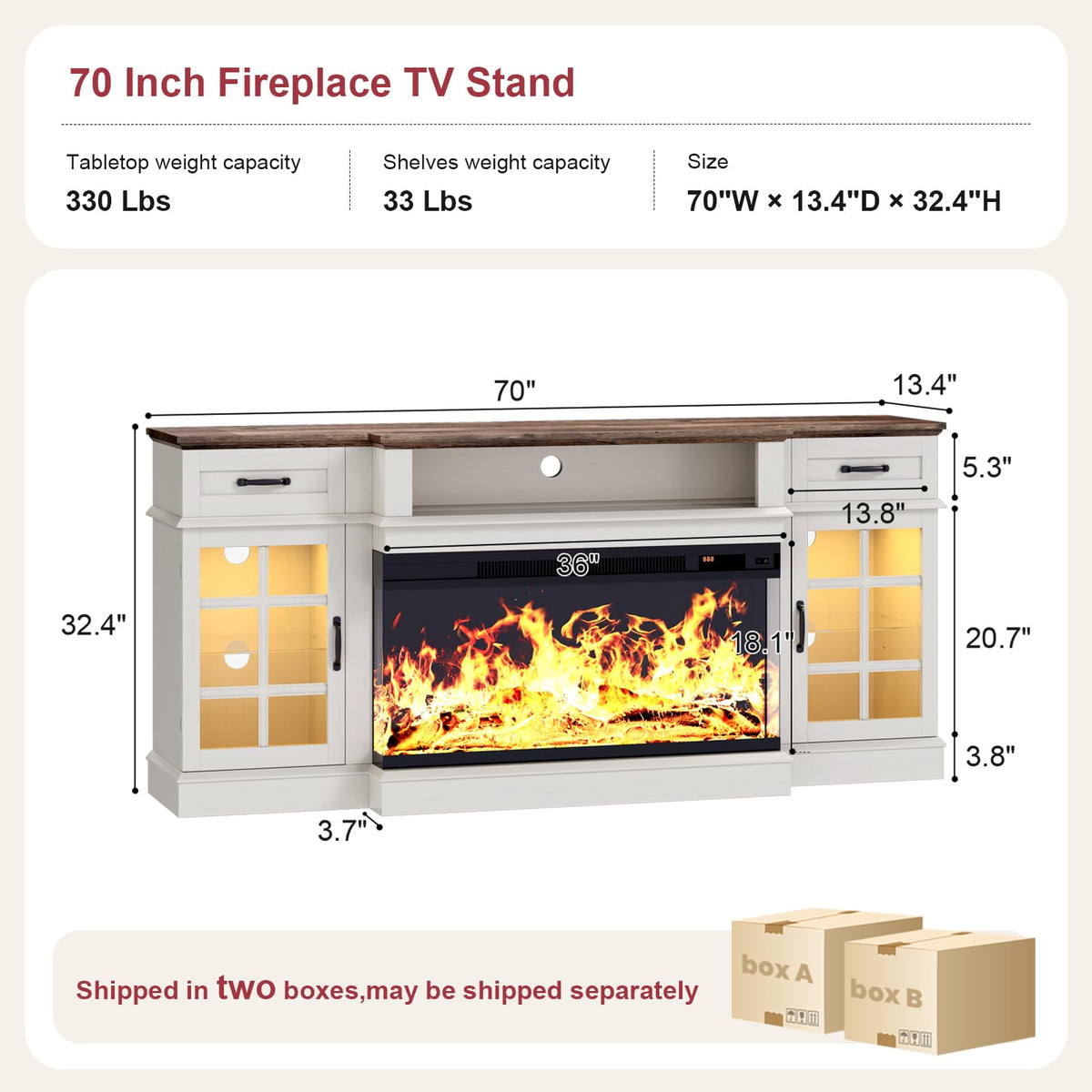 OneBlis 70" TV Stand with 36" Electric Fireplace, Entertainment Center Console Table for TV up to 80'', Fireplace TV Stand with Open Storage Shelves and Glass Door for Living Room, White