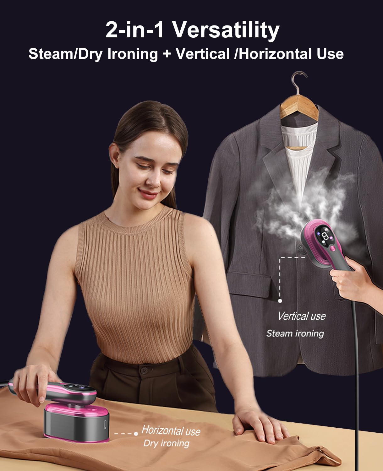 ADPTOYU 2-in-1 Steamer & Iron for Clothes, Portable Handheld Garment Steamer with LED Display, Large Ceramic Panel Travel Clothes Steamer Iron, 10s Fast Heat-Up All-Fabric Remove Wrinkle (Purple)