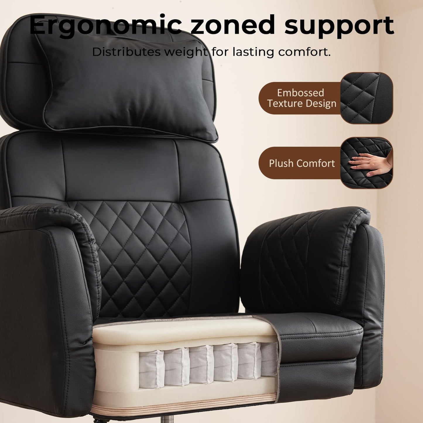 Big and Tall Office Chair - Criss Cross Leather High Back Executive Office Chair with Armrests & Wheels, Ergonomic Computer Gaming Desk Chair for Home, Makeup Vanity & Bedroom, Black, 49.6”H×22”W