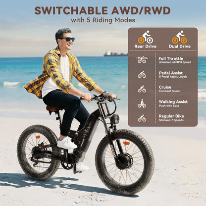 FREESKY 4000W Dual Motor Electric Bike for Adults, 40+MPH AWD Fast E-Bike, 48V 30AH Battery 120Miles Range, 26" Fat Tire Full Suspension Off-Road Mountain E Bike, Green Warrior