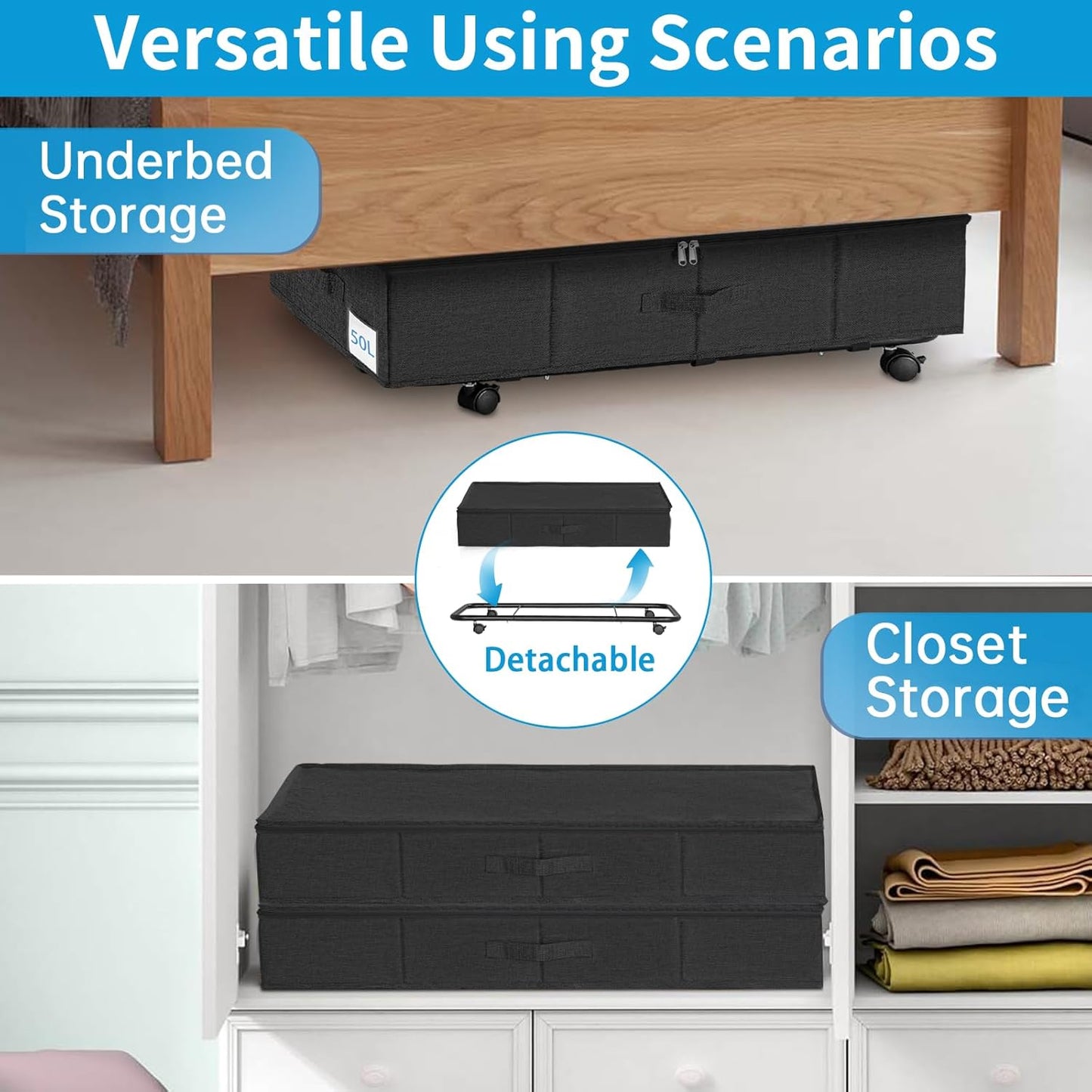 Under Bed Storage with Wheels & Lid, 2PCS Container for Blankets, Clothes, and Shoe Storage, Rolling Organizer Bin,