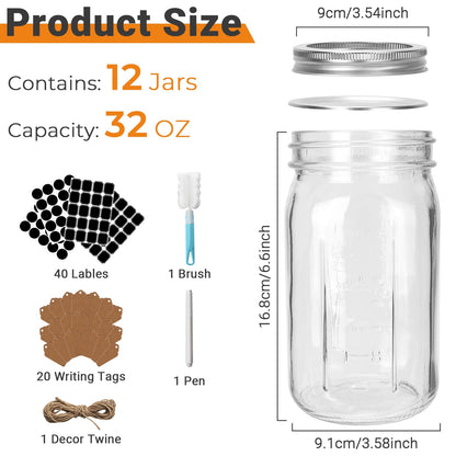 CycleMore Wide Mouth Mason Jars 32 oz, 12 Pack Large Glass Mason Jar with Metal Airtight Lids and Bands, 1 Quart Canning Jars for Pickling, Fermenting, Food Storage & DIY Projects