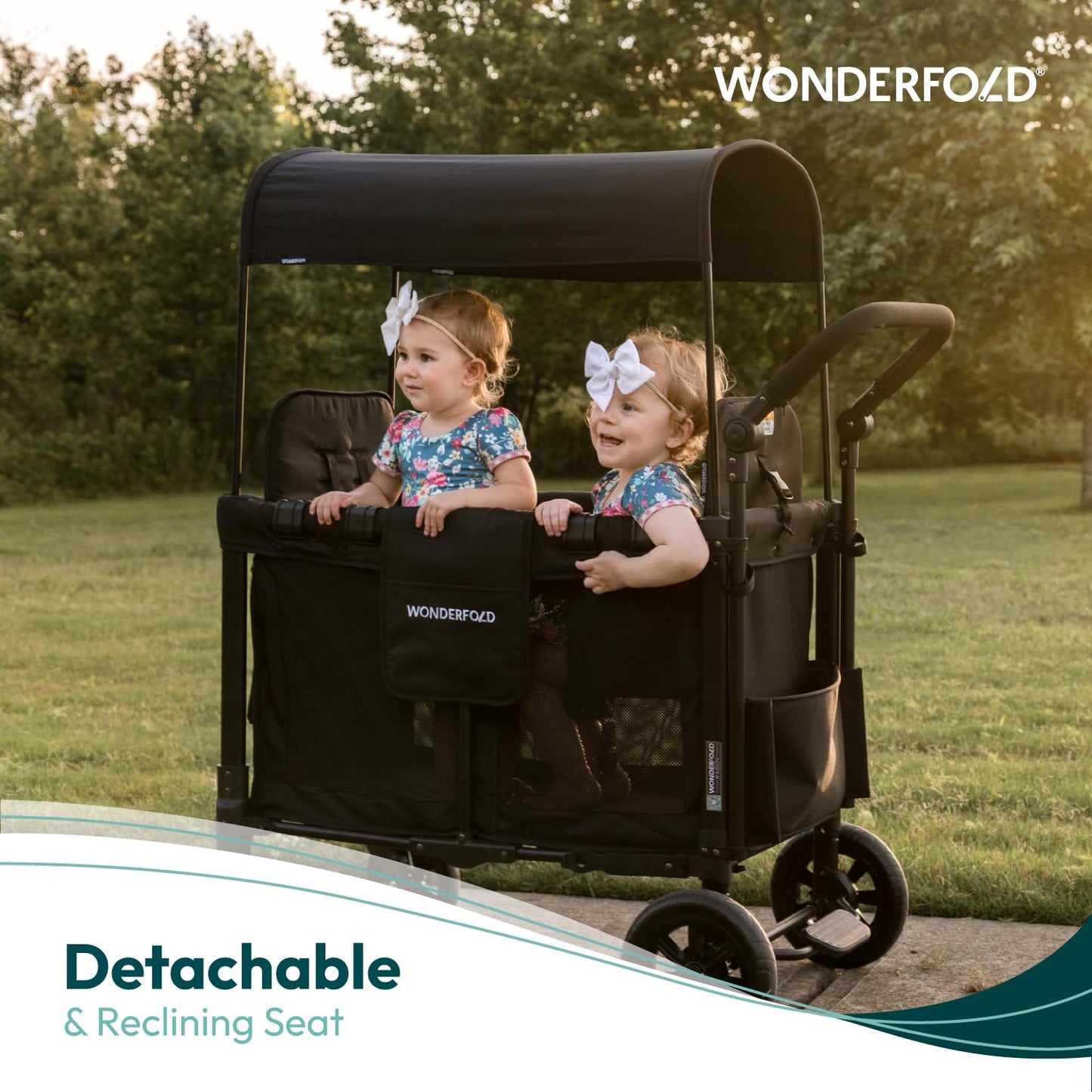 WonderFold W2 Luxe Stroller Wagon - Collapsible Stroller Wagon with Steel Frame - Adjustable Canopy & Push Handle - XL All-Terrain Wheels - for Babies, Toddlers & Kids - 2 Seater - Gray
