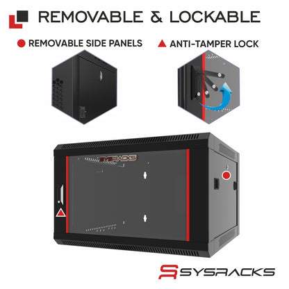 Sysracks 6U Wall Mount Server Rack Cabinet, 19” Network Enclosure, 24” Deep, Locking Glass Door, Custom-Ready IT Rack