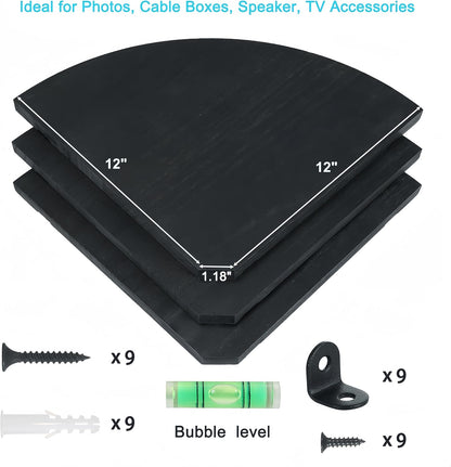 12 inch Set 2 (Black-12 inch) JORIKCHUO Corner Shelf, of Solid Wood Corner Floating Shelves for Wall, Round End Wall