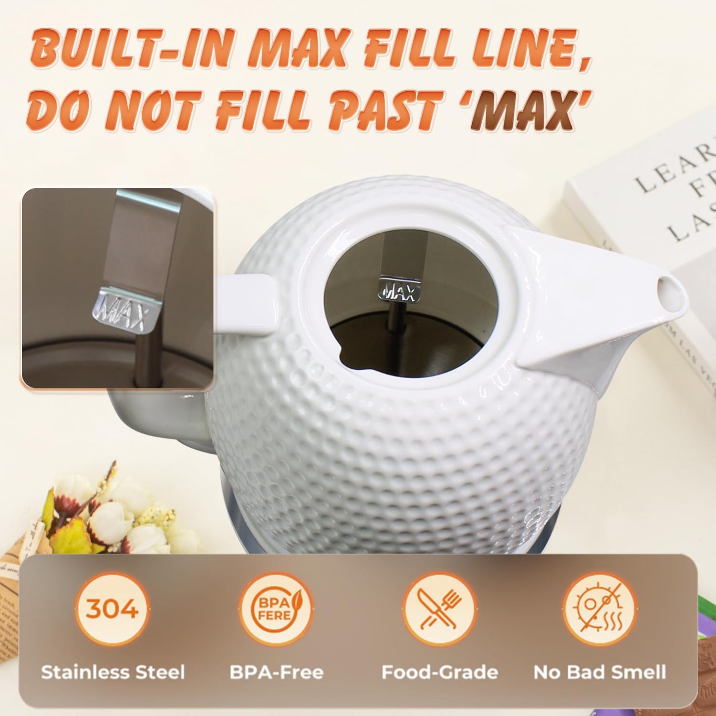 LONGSEED Electric Kettle, 1.2L Ceramic Tea Kettle with embossed design, BPA-Free,1500W Water Boiler with LED Light, Auto Shut-Off and Boil-Dry Protection,Pure white relief sculpture