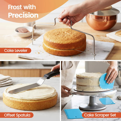 RFAQK 100pcs Cake Pan Sets for Baking + Cake Decorating Supplies: 3 Non-Stick Springform Pans Set (4, 7, 9 inches), Icing Tips, Cake Leveler – Multi-functional Leak-Proof CheeseCake Pan & eBook