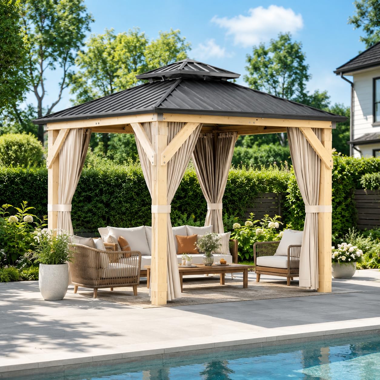10x10 FT Hardtop Gazebo Outdoor Wooden Pavilion with Cedar Wood Frame Double Galvanized Steel Roof Netting and Curtains Heavy Duty Weather Resistant Patio Shelter for Garden Backyard Khaki