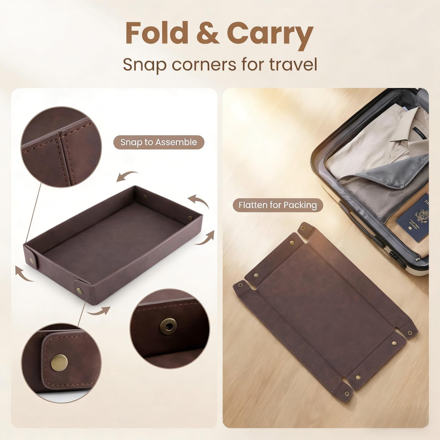 3Pack Mens Valet Tray, Foldable PU Leather Catch All Organizer for Desk, Entryway, Holds Keys, Wallet, Watch, Jewelry, Phone (Brown)