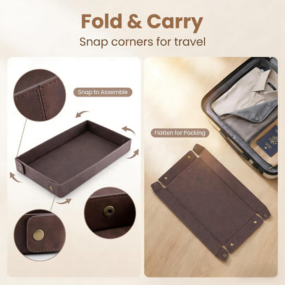 3Pack Mens Valet Tray, Foldable PU Leather Catch All Organizer for Desk, Entryway, Holds Keys, Wallet, Watch, Jewelry, Phone (Brown)