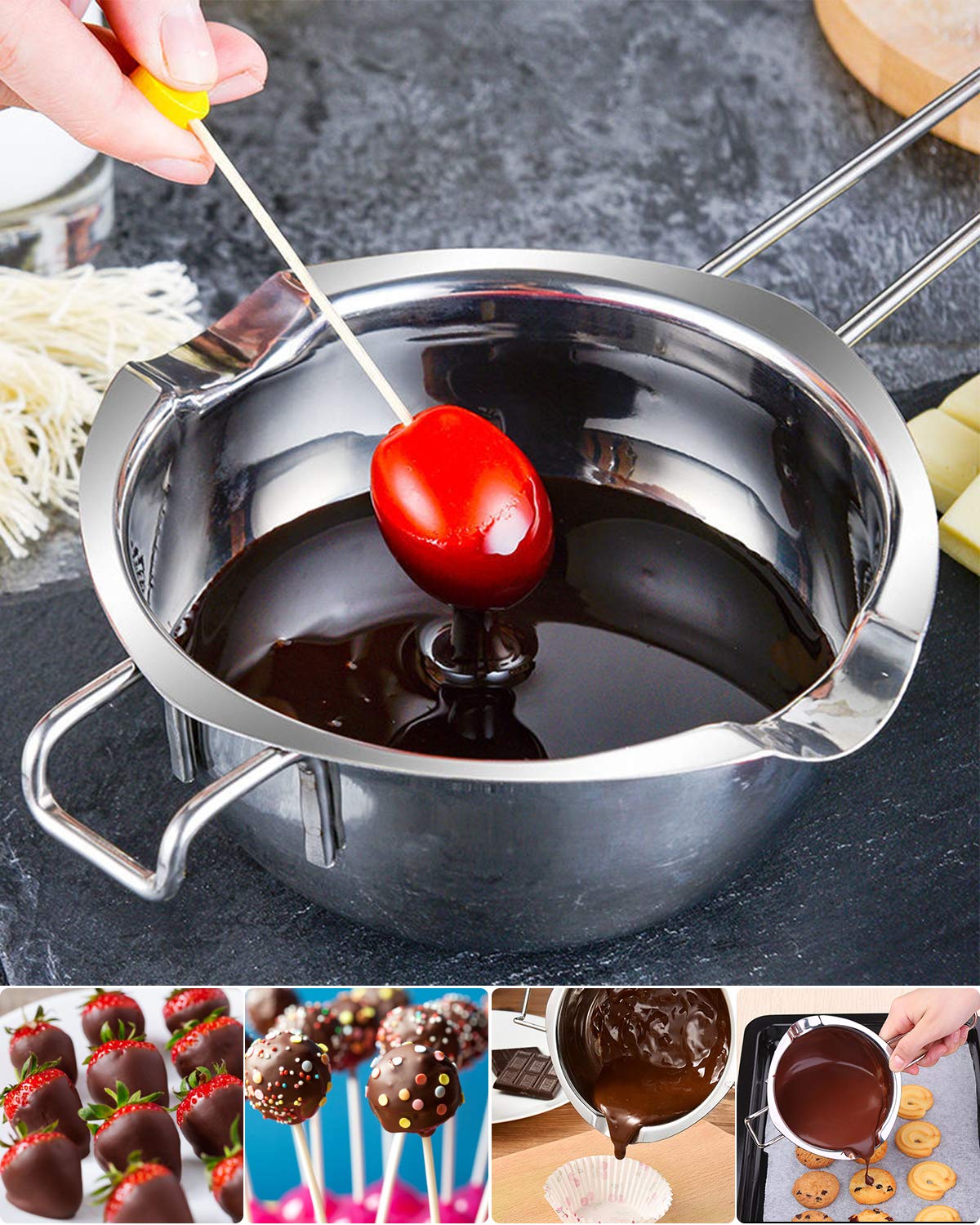 Stainless Steel Double Boiler Pot with 600ML for Melting Chocolate, Candy and Candle Making (18/8 Steel, Universal Insert)
