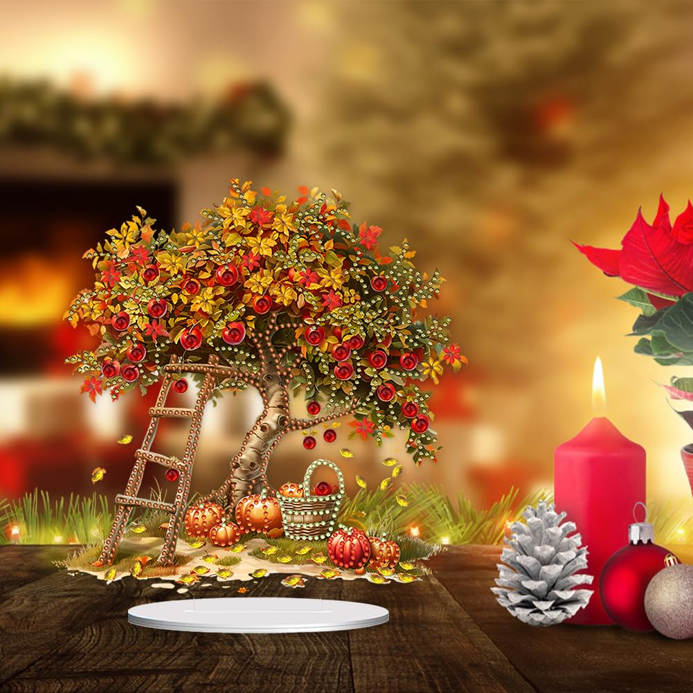 C'eitura 5D Autumn Apple Tree Special Shaped Diamond Painting Kits for Adults, Tabletop Ornaments DIY Crystal Art Craft for Home Office Desk Decor, Thanksgiving & Autumn Gifts