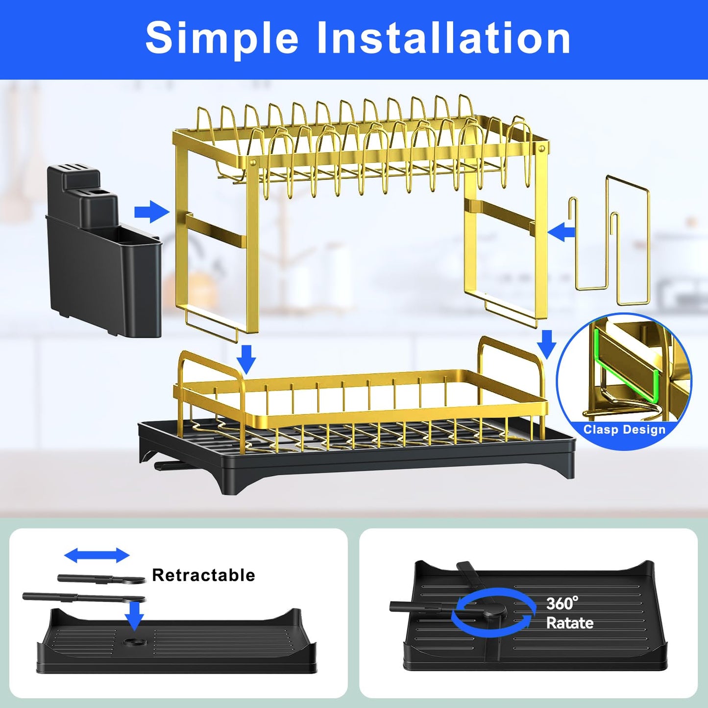 IBEDMAZIE Dish Drying Rack Gold, Multifunctional Dish Racks for Kitchen Counter with Drainboard 2 Tier Dish Drainer Large Capacity for Knifes/Cup/Cutting Board