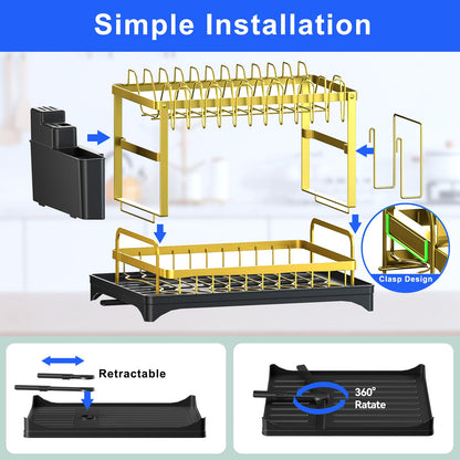 IBEDMAZIE Dish Drying Rack Gold, Multifunctional Dish Racks for Kitchen Counter with Drainboard 2 Tier Dish Drainer Large Capacity for Knifes/Cup/Cutting Board