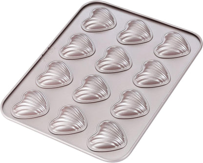 CHEFMADE Madeleine Mold Cake Pan, 12-Cavity Non-Stick Heart-shaped Bakeware for Oven Baking (Champagne Gold)