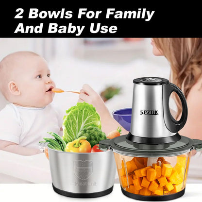 SPZTJK 3-Speed Electric Food Processor: Meat Grinder, Vegetable Chopper & Baby Food Maker - 300W, 2 Bowls (8 Cup Stainless Steel+8 Cup Glass), Quiet Operation