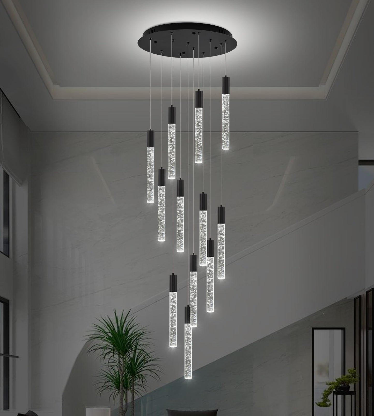 Upfelw Modern High Ceiling Crystal Chandelier 12-Lights, Large Spiral LED Raindrop Foyer Pendant Lighting, Bubble Staircase Living Room Hanging Light Fixture Flush Mount Black