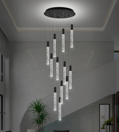 Upfelw Modern High Ceiling Crystal Chandelier 12-Lights, Large Spiral LED Raindrop Foyer Pendant Lighting, Bubble Staircase Living Room Hanging Light Fixture Flush Mount Black