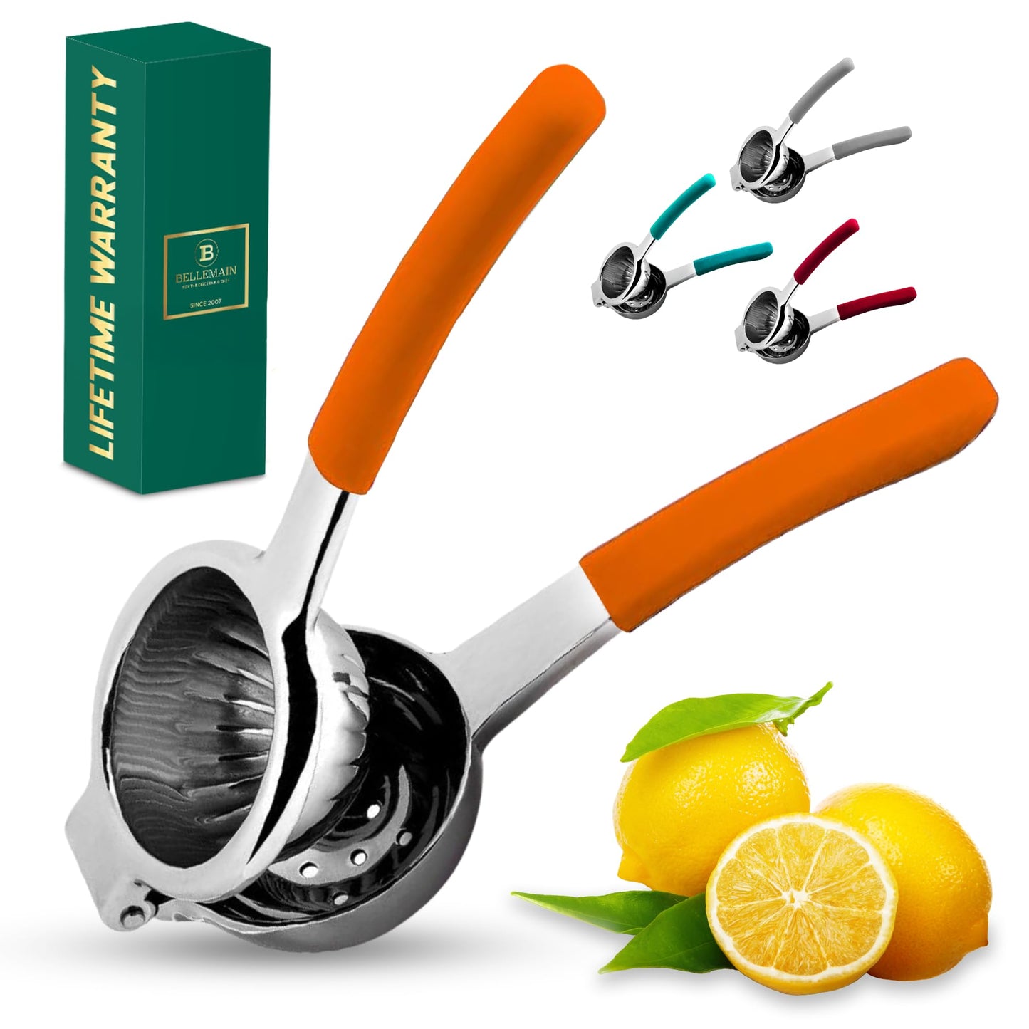 Bellemain Citrus Juicer | Metal Lemon Squeezer | Lime and Lemon Juicer Stainless Steel with Silicone Handles | Manual Juicer, Citrus Squeezer, Hand Held Juicer | Bar Juicer for Bartender (Orange)