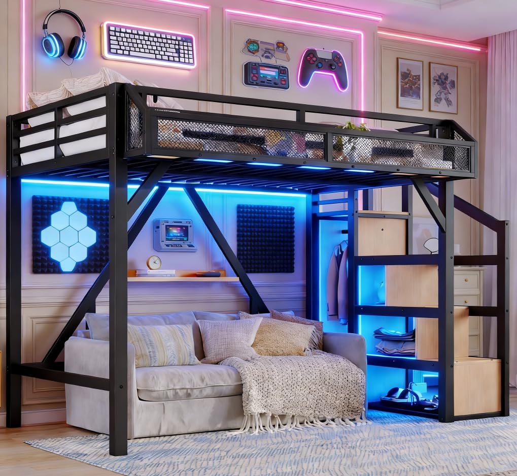 Bellemave Twin XL loft Bed with Storage Stairs, Wardrobe, Shelves, Metal Twin XL Size Loft Bed Frame for Adults, Kids, Teens, Black+Natural Wood