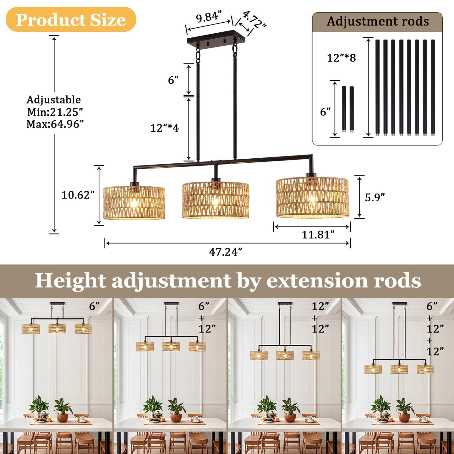 MRHYSWD 47" Hand Woven Rattan Chandeliers for Dining Room, 3-light Boho Linear Chandeliers Large Farmhouse Kitchen Island Lighting, Black Finish Pendant Light Fixtures Over Table, Bar, Living Room,E26