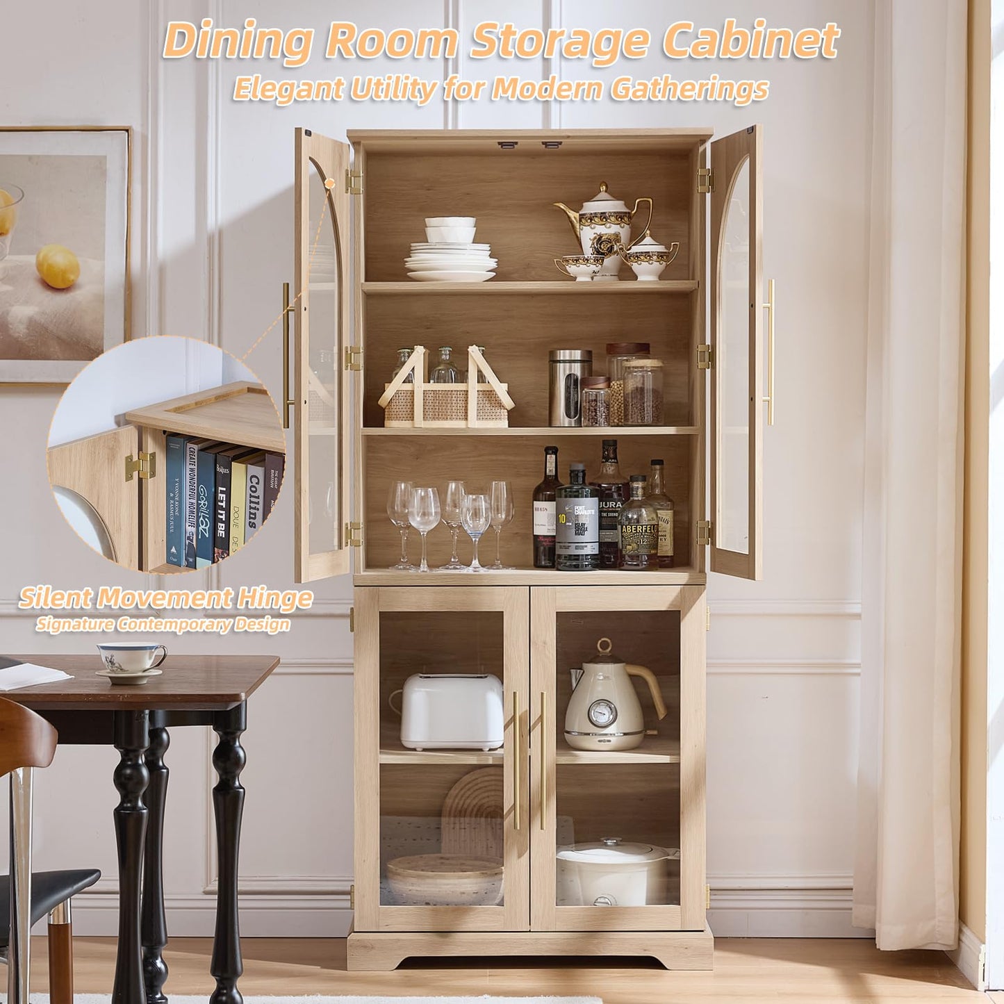 Joaxswe 72" Tall Bookshelf Set of 2, Farmhouse Bookcase with 3-Tier Adjustable Shelves, Modern Living Room Display Cabinet with Glass Doors, Large Storage Cabinet for Home Office,Dining Room, Natural