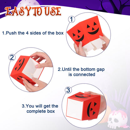 Pajean 24 Sets Halloween Popcorn Boxes with Cellophane Bags and Ribbon, 4.72''x 4.72''x 3.54'' Cardboard Paper Snack Treat Goodie Gift Cookies Candy Boxes for Trick or Treat Halloween Party Favors