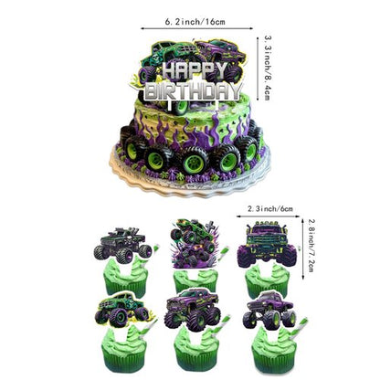 Heidaman 186Pcs Monster Truck Birthday Decorations，Monster Truck Balloon arch，Monster Truck Party decorations，Include Balloon arch,Banner，Backdrop, Cake Toppers，Tableware, Tablecloth