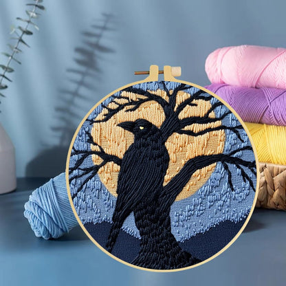 Punch Needle Kits Black Raven on Black Tree Under Moon DIY Embroidery Starter Set with Hoop Easy for Beginners Stress Relief Handmade Craft Hobby and Home Decor 20x20cm-3