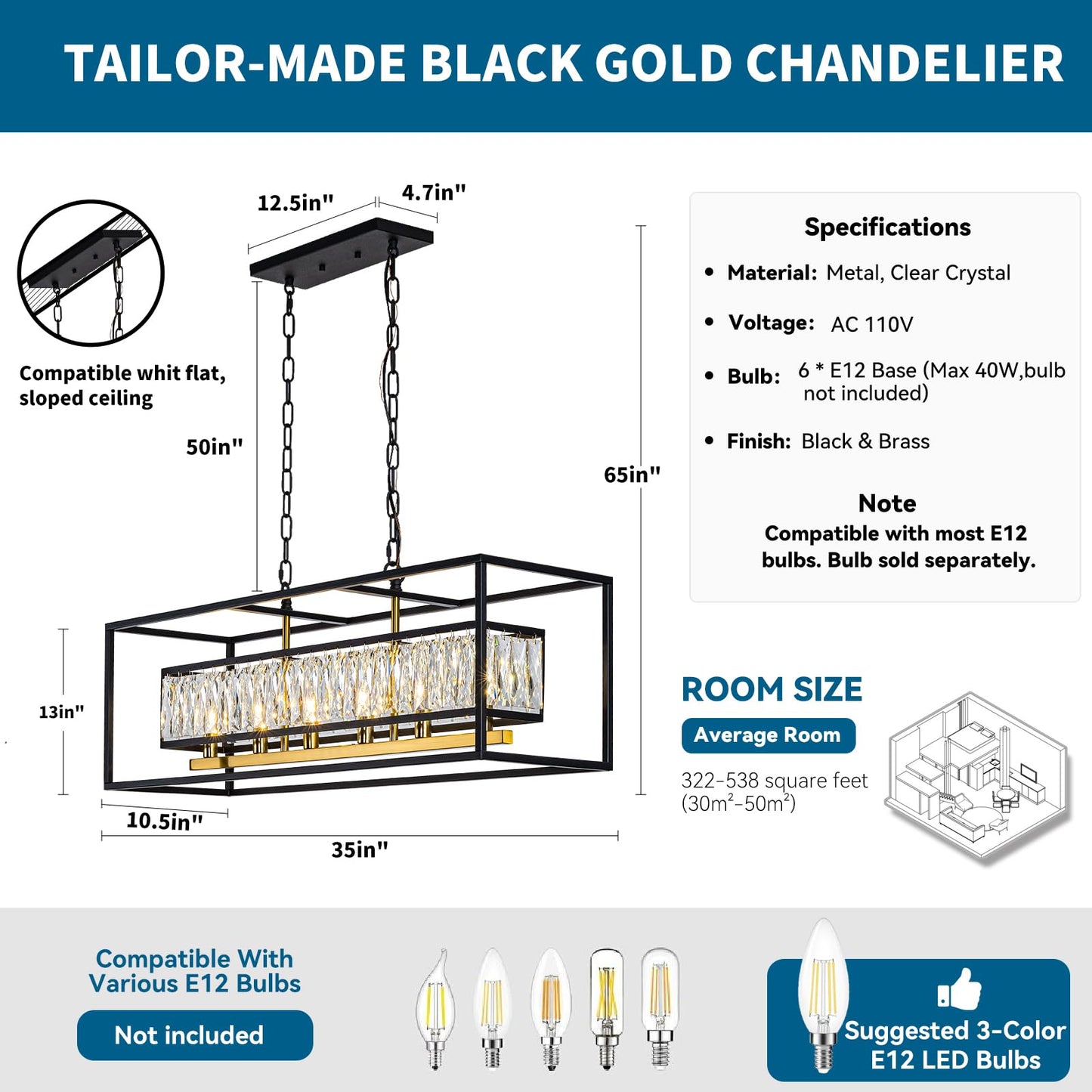 Vezzio Modern Crystal Chandelier for Dining Room 6-Light Luxury Black and Gold Rectangle Contemporary Hanging Adjustable Pendant Light Fixture Over Table for Kitchen Island, L35 Inch