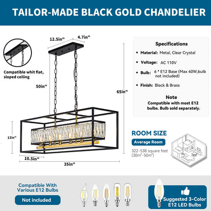 Vezzio Modern Crystal Chandelier for Dining Room 6-Light Luxury Black and Gold Rectangle Contemporary Hanging Adjustable Pendant Light Fixture Over Table for Kitchen Island, L35 Inch