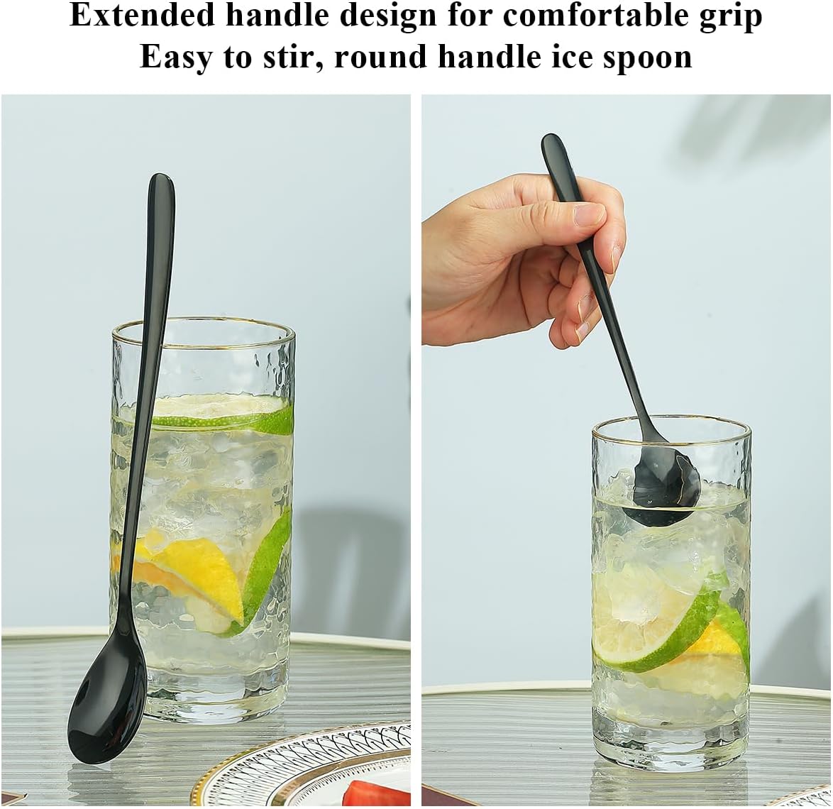 Black Long Handle Iced Tea Spoon Set of 12 Pieces, Titanium Plating Black Stainless Steel Teaspoons, Dishwasher Safe