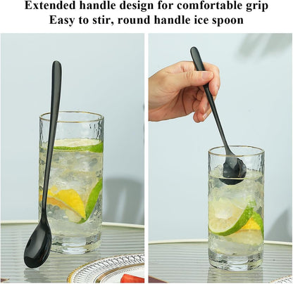 Black Long Handle Iced Tea Spoon Set of 12 Pieces, Titanium Plating Black Stainless Steel Teaspoons, Dishwasher Safe