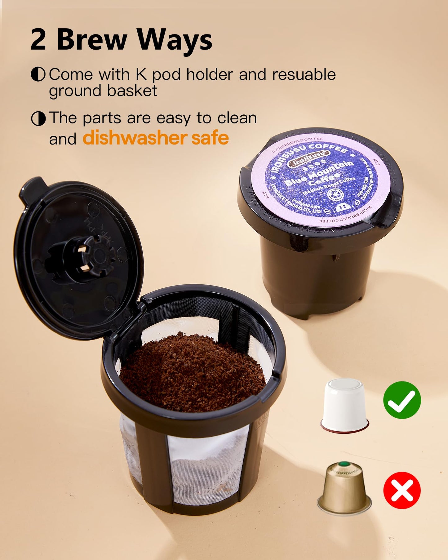 Tastyle Single Serve One Cup Coffee Maker, for K Cups and Grounds, Mini Coffee Maker with Portable Handle, 6 to 12 Oz Brew Size, for Travel, Camping, Office, RV and Dorm, 120V, Black and Gold