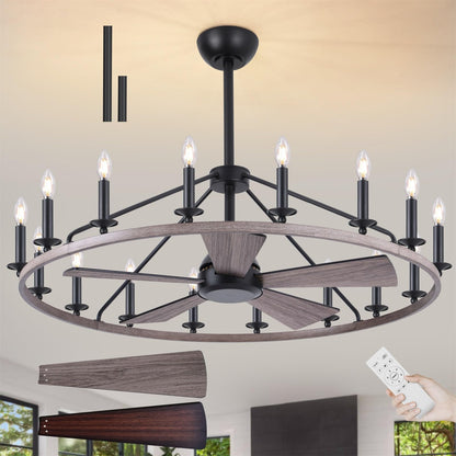 44" Wagon Wheel Chandelier with Fans, Wagon Wheel Ceiling Fan with 16-Lights and Remote, Farmhouse Chandelier for Living Room Dining Room, Adjustable Height, 6-Speed Reversible Quiet Large Fandelier